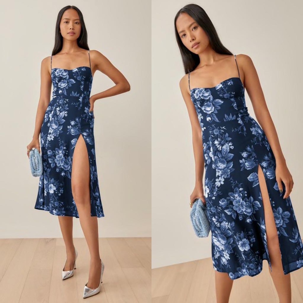 Reformation 2 Juliette Midi Dress Bustier Lottie Blue Floral